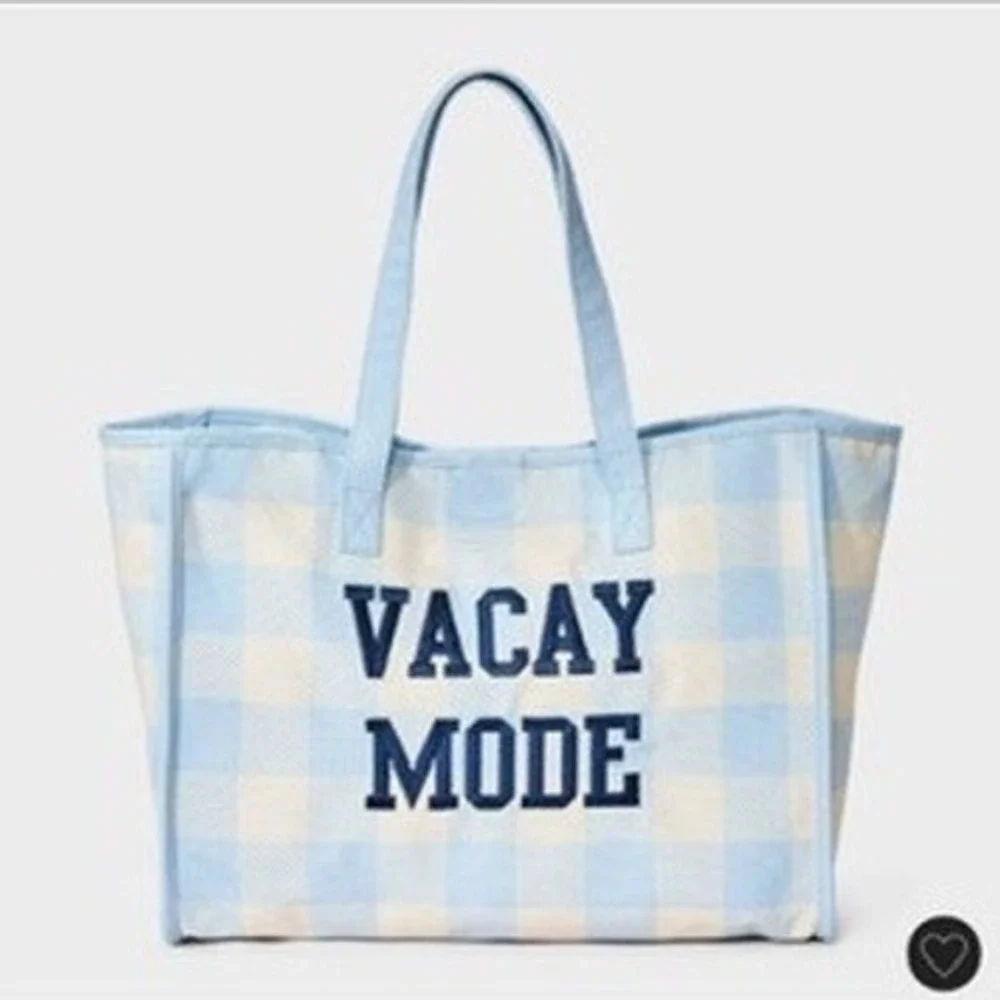 Art Class Vacay Mode Tote Bag Girls One Size Blue Gingham Summer Beach NWT